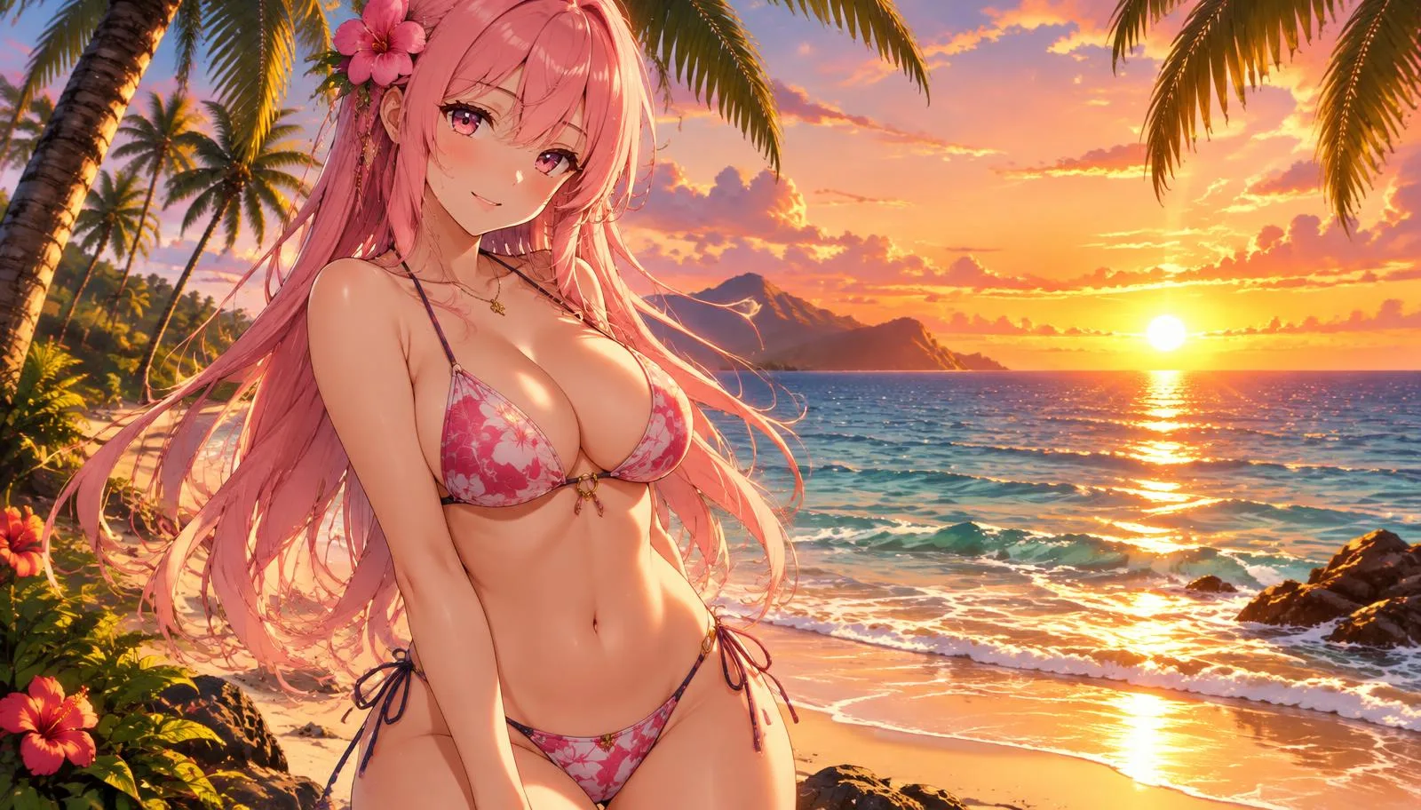 Girlfriend Chat anime companion on a tropical beach at sunset